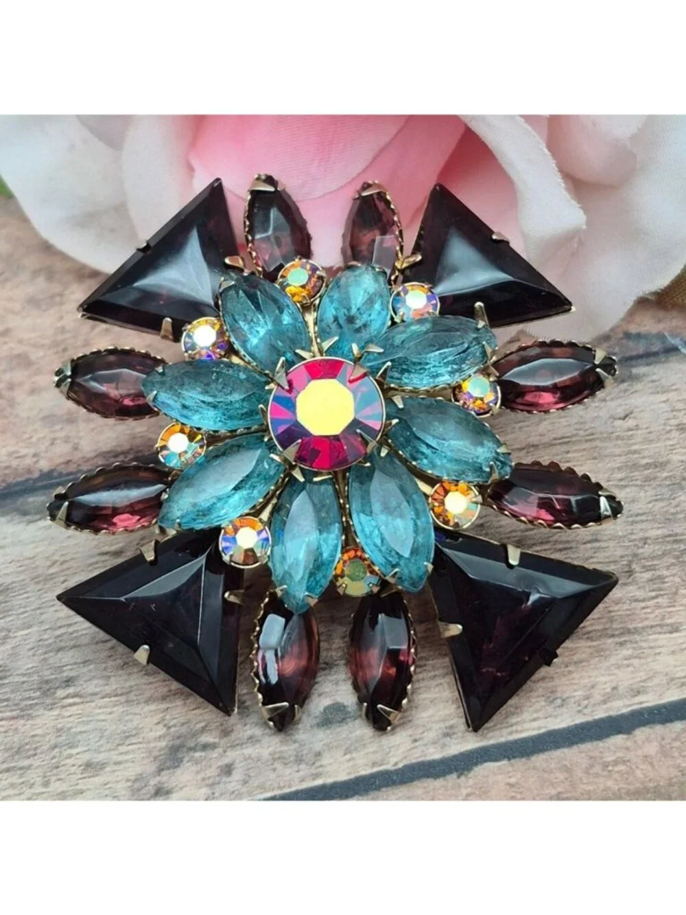 VTG Maltese Cross Rhinestone Brooch Blue Purple AB Rinestone Statement 2.25”